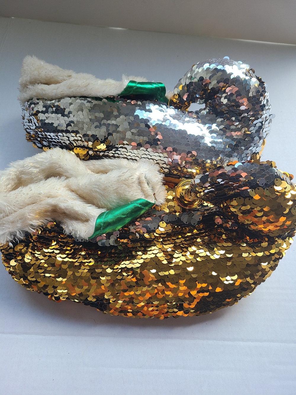 Gold Sequin Women's Slippers with Cream Faux Fur Trim